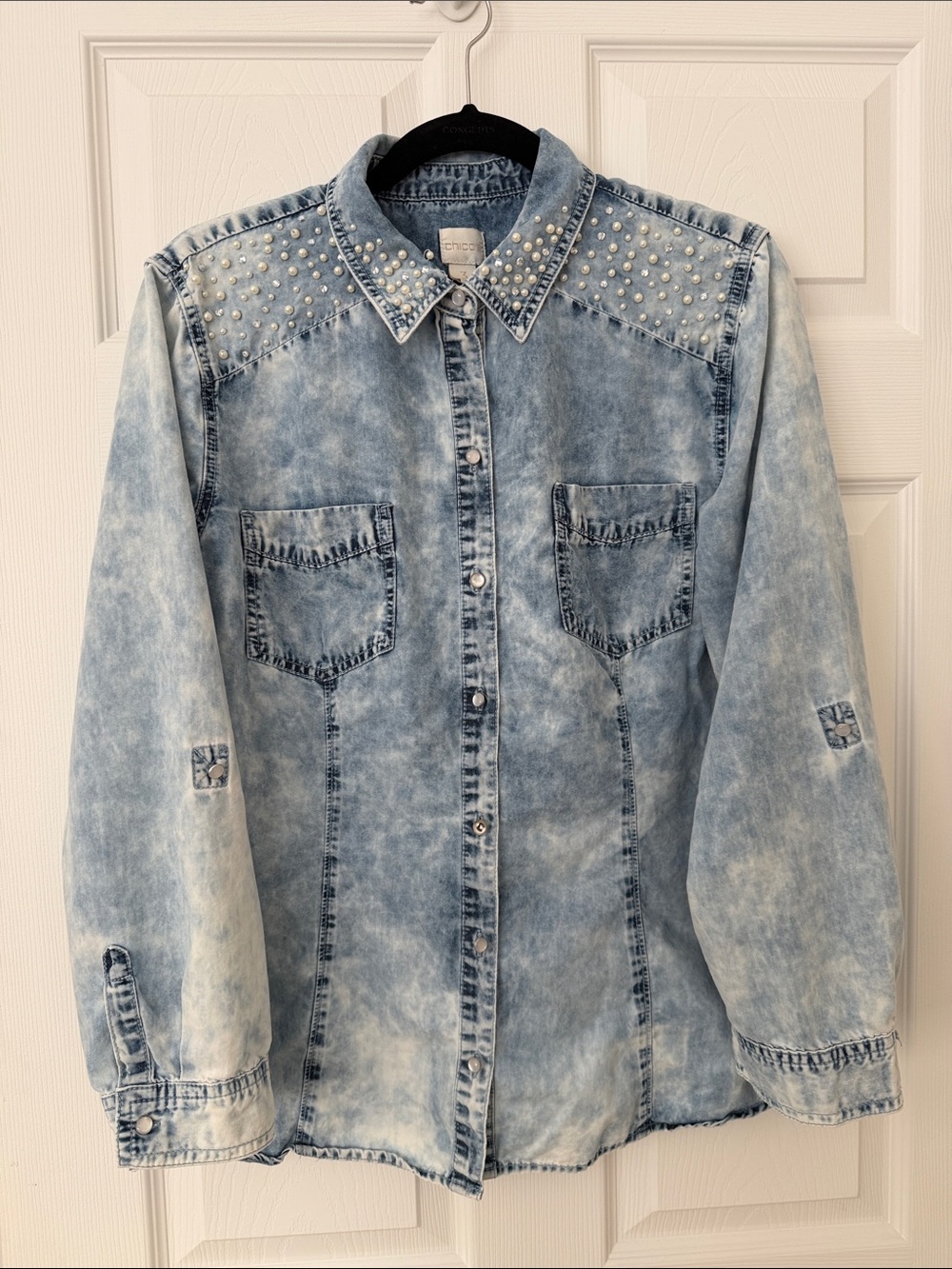Chico's Light Blue Acid Wash Denim Pearl-Studded Button-Up Shirt